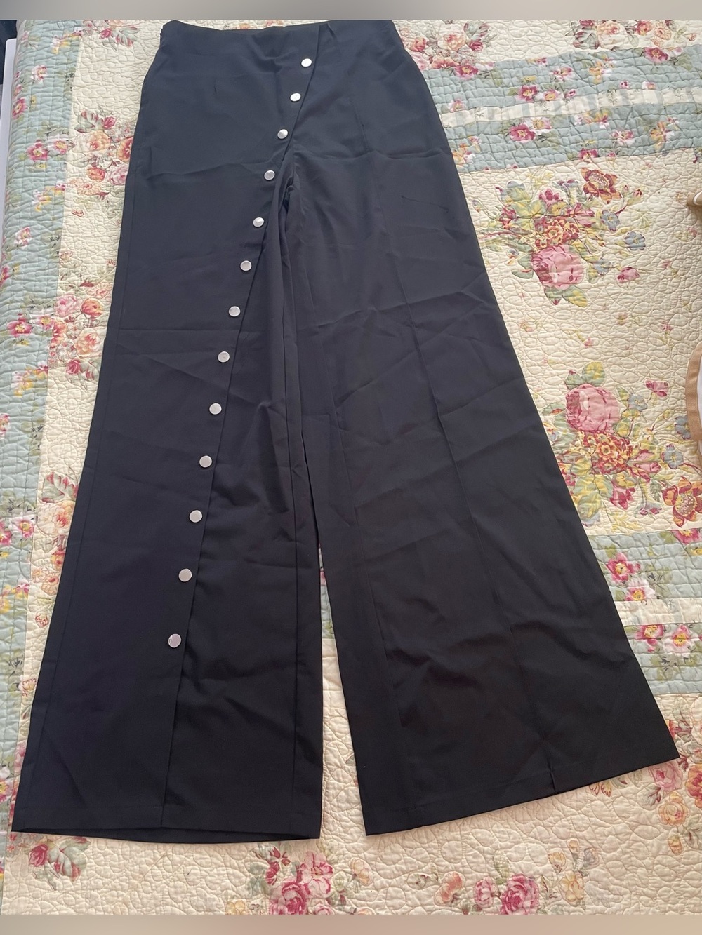 Black Wide-Leg Button-Front Pants